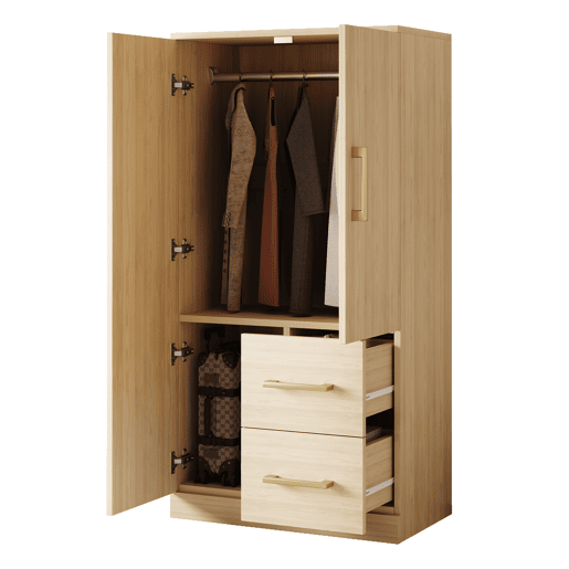 Armário infantil 70x40x135 cm - Porta dupla com gavetas e arrumação - Madeira natural