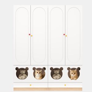 Armário infantil 160x50x200 cm - 2 peças, barra para pendurar, cama para gato - Branco+Natural