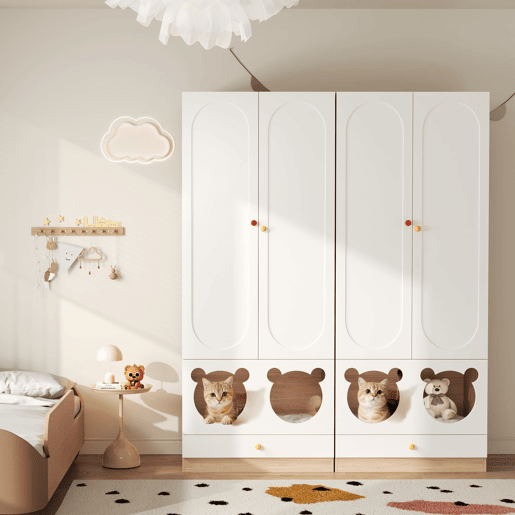 Armário infantil 160x50x200 cm - 2 peças, barra para pendurar, cama para gato - Branco+Natural