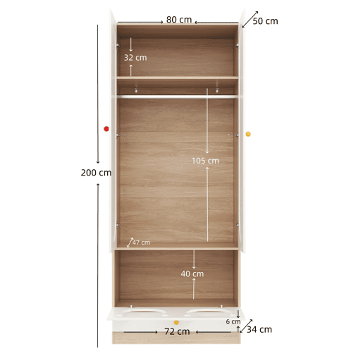 Armário infantil 160x50x200 cm - 2 peças, barra para pendurar, cama para gato - Branco+Natural