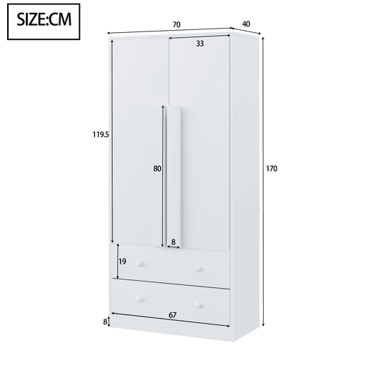 Armário roupeiro 70x40x170 cm - Porta dupla, gavetas e prateleiras - Branco Armário roupeiro 70x40x170 cm - Porta dupla, gavetas e prateleiras - Branco