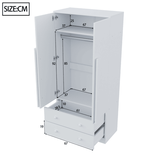 Armário roupeiro 70x40x170 cm - Porta dupla, gavetas e prateleiras - Branco Armário roupeiro 70x40x170 cm - Porta dupla, gavetas e prateleiras - Branco