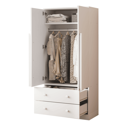 Armário roupeiro 70x40x170 cm - Porta dupla, gavetas e prateleiras - Branco Armário roupeiro 70x40x170 cm - Porta dupla, gavetas e prateleiras - Branco
