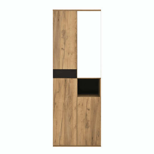 Armário alto 65x35x190 cm - com espelho, 4 portas, prateleira aberta - preto e natural Armário alto 65x35x190 cm - com espelho, 4 portas, prateleira aberta - preto e natural