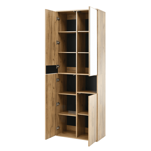 Armário alto 65x35x190 cm - com espelho, 4 portas, prateleira aberta - preto e natural Armário alto 65x35x190 cm - com espelho, 4 portas, prateleira aberta - preto e natural