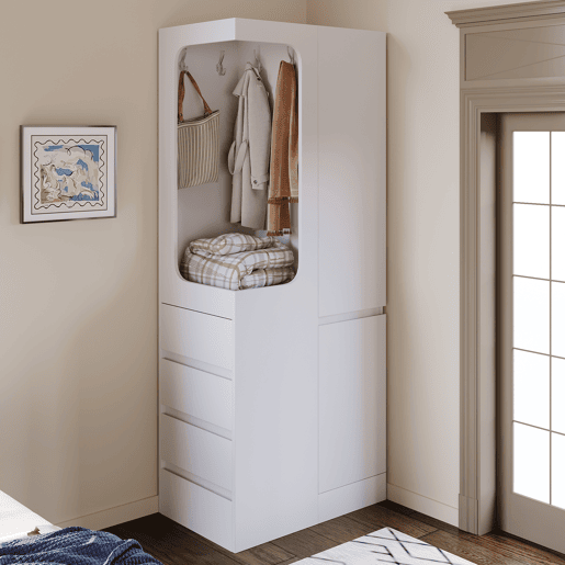 Armário 70x40x170 cm - 1 porta, gavetas e prateleiras, zona aberta para roupa - Branco Armário 70x40x170 cm - 1 porta, gavetas e prateleiras, zona aberta para roupa - Branco