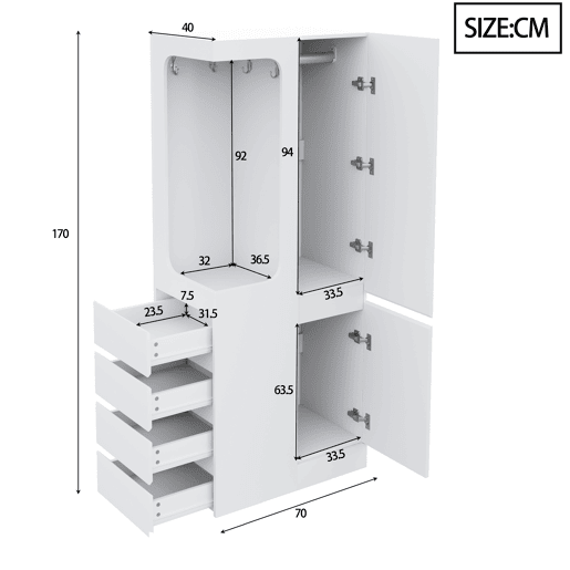 Armário 70x40x170 cm - 1 porta, gavetas e prateleiras, zona aberta para roupa - Branco Armário 70x40x170 cm - 1 porta, gavetas e prateleiras, zona aberta para roupa - Branco
