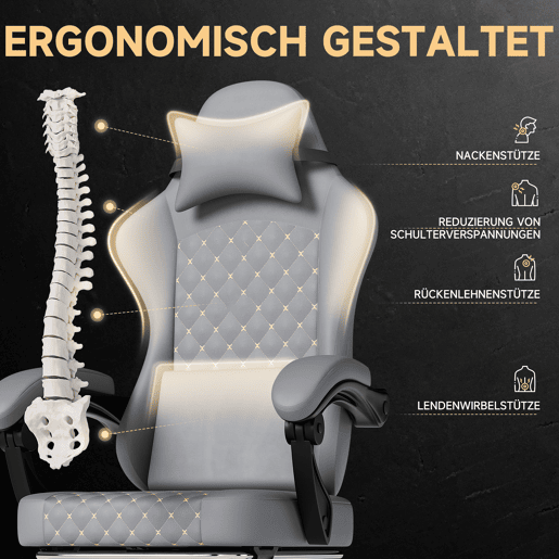 Cadeira Gaming - Ergonómica com massagem e apoio para os pés, 150 kg - Cinza