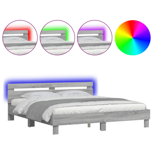 Estrutura de cama de casal c cabeceiraluzes LED - 160x200cm cinzento sonoma