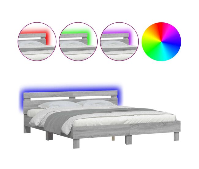 Estructura de cama matrimonial moderno con cabecero y luces led gris sonoma 160x200 cm