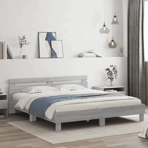 Estrutura de cama de casal c cabeceiraluzes LED - 160x200cm cinzento sonoma