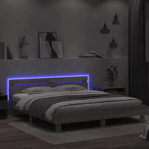 Estrutura de cama de casal c cabeceiraluzes LED - 160x200cm cinzento sonoma