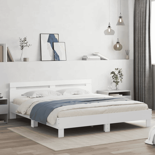 Estrutura de Cama de casal simple com cabeceira e luzes LED 160x200 cm branco