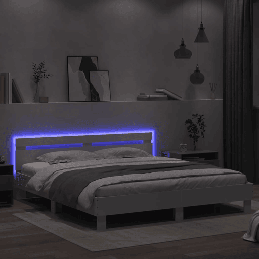 Estrutura de Cama de casal simple com cabeceira e luzes LED 160x200 cm branco
