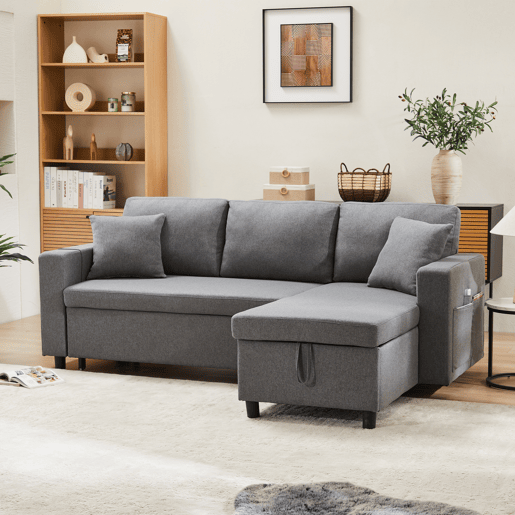 Sofá-cama em forma de L com 3 lugares - Chaise longue intercambiável, com arrumação, cinzento escuro