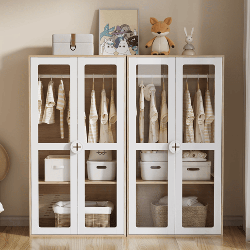 Armário infantil 160x50x150 cm - Porta dupla, acrílico, barra para pendurar - Natural+Branco