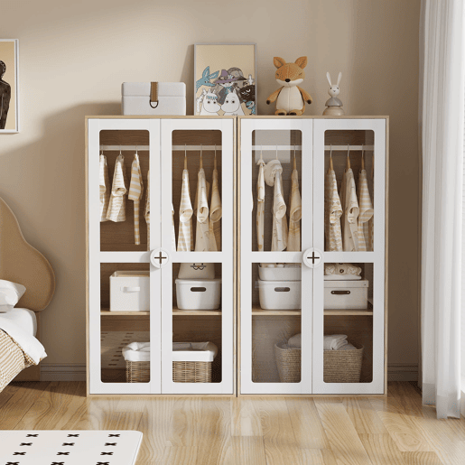 Armário infantil 160x50x150 cm - Porta dupla, acrílico, barra para pendurar - Natural+Branco