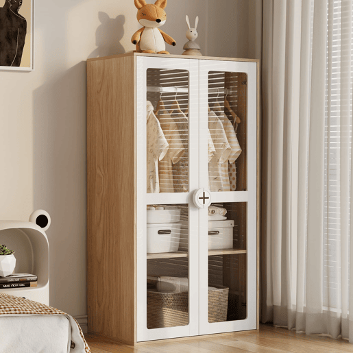 Armário infantil 160x50x150 cm - Porta dupla, acrílico, barra para pendurar - Natural+Branco