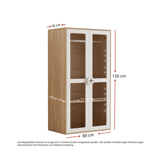 Armário infantil 160x50x150 cm - Porta dupla, acrílico, barra para pendurar - Natural+Branco