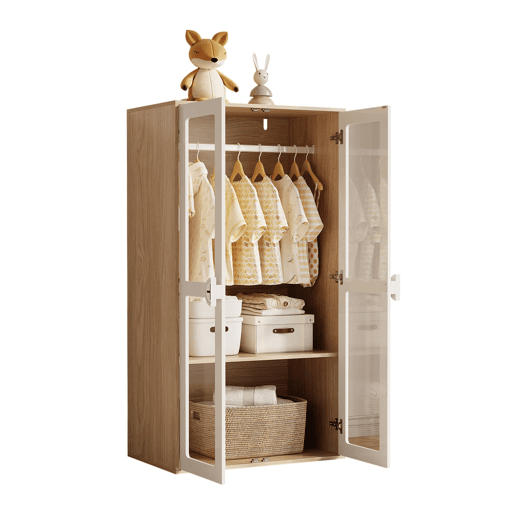 Armário infantil 160x50x150 cm - Porta dupla, acrílico, barra para pendurar - Natural+Branco