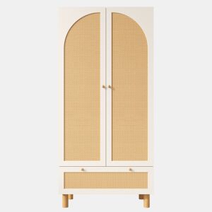Armário roupeiro 180x85x52 cm - 2 portas, gaveta grande, prateleiras ajustáveis, rattan - Branco
