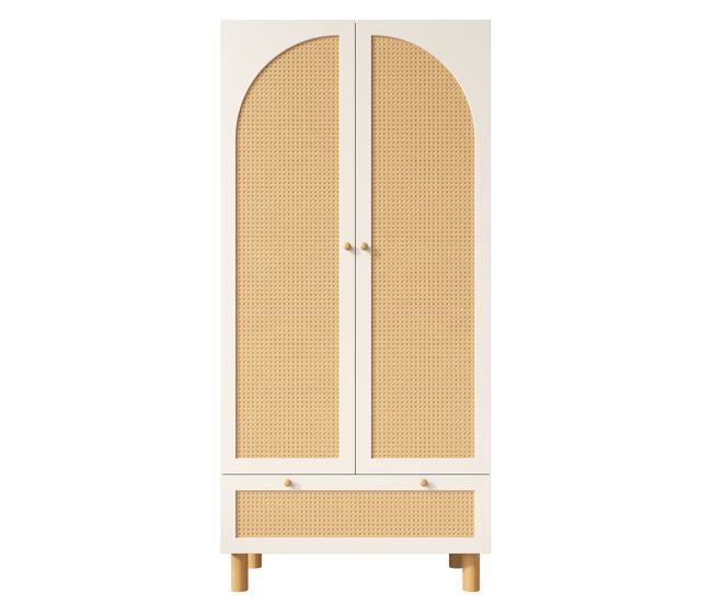 Armario ropero 180x85x52 cm - 2 puertas, cajón grande, estantes regulables, rattan - blanco