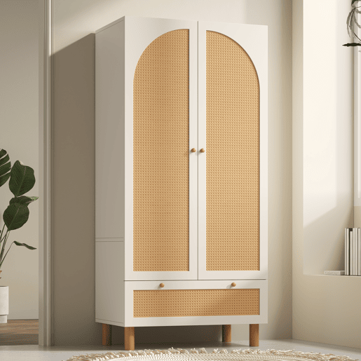 Armário roupeiro 180x85x52 cm - 2 portas, gaveta grande, prateleiras ajustáveis, rattan - Branco