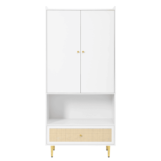 Armário 80x48x175 cm - 2 portas, gaveta em rattan, barra para roupas, pés e puxadores metálicos - Natural+Branco Armário 80x48x175 cm - 2 portas, gaveta em rattan, barra para roupas, pés e puxadores metálicos - Natural+Branco