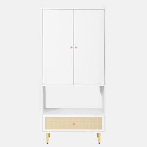 Armário 80x48x175 cm - 2 portas, gaveta em rattan, barra para roupas, pés e puxadores metálicos - Natural+Branco