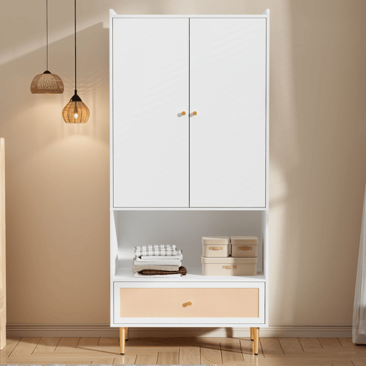 Armário 80x48x175 cm - 2 portas, gaveta em rattan, barra para roupas, pés e puxadores metálicos - Natural+Branco Armário 80x48x175 cm - 2 portas, gaveta em rattan, barra para roupas, pés e puxadores metálicos - Natural+Branco