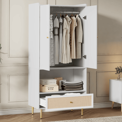 Armário 80x48x175 cm - 2 portas, gaveta em rattan, barra para roupas, pés e puxadores metálicos - Natural+Branco Armário 80x48x175 cm - 2 portas, gaveta em rattan, barra para roupas, pés e puxadores metálicos - Natural+Branco