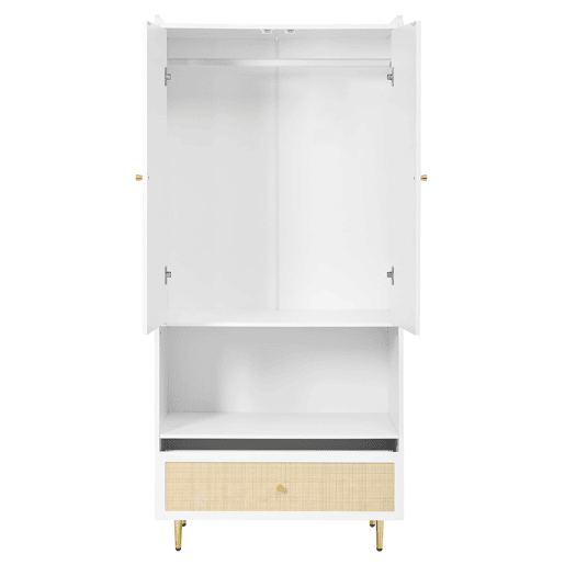 Armário 80x48x175 cm - 2 portas, gaveta em rattan, barra para roupas, pés e puxadores metálicos - Natural+Branco Armário 80x48x175 cm - 2 portas, gaveta em rattan, barra para roupas, pés e puxadores metálicos - Natural+Branco