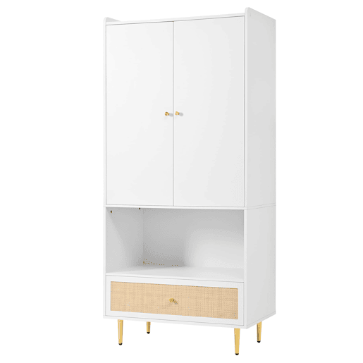 Armário 80x48x175 cm - 2 portas, gaveta em rattan, barra para roupas, pés e puxadores metálicos - Natural+Branco Armário 80x48x175 cm - 2 portas, gaveta em rattan, barra para roupas, pés e puxadores metálicos - Natural+Branco