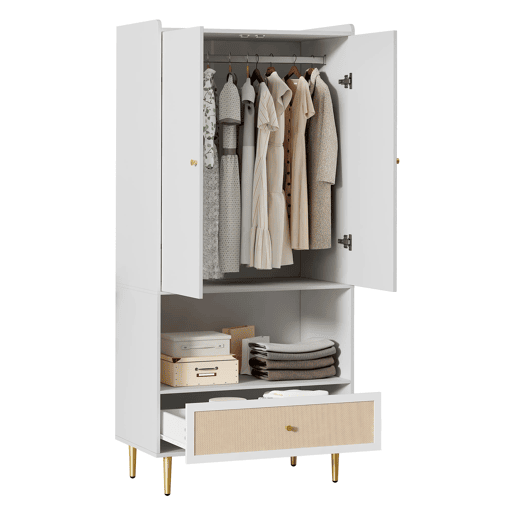 Armário 80x48x175 cm - 2 portas, gaveta em rattan, barra para roupas, pés e puxadores metálicos - Natural+Branco Armário 80x48x175 cm - 2 portas, gaveta em rattan, barra para roupas, pés e puxadores metálicos - Natural+Branco