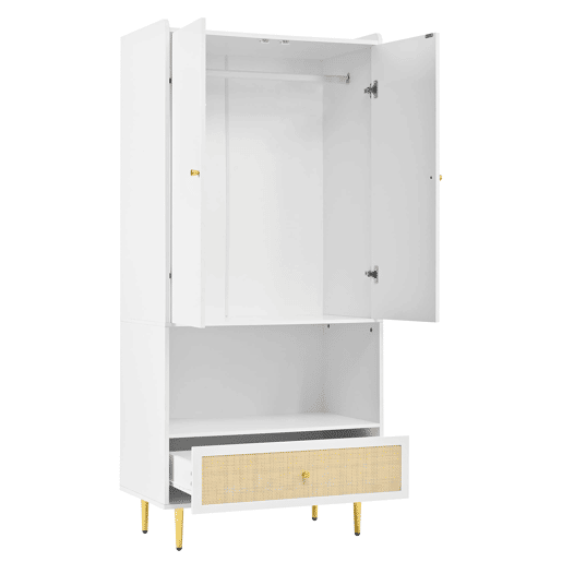 Armário 80x48x175 cm - 2 portas, gaveta em rattan, barra para roupas, pés e puxadores metálicos - Natural+Branco Armário 80x48x175 cm - 2 portas, gaveta em rattan, barra para roupas, pés e puxadores metálicos - Natural+Branco