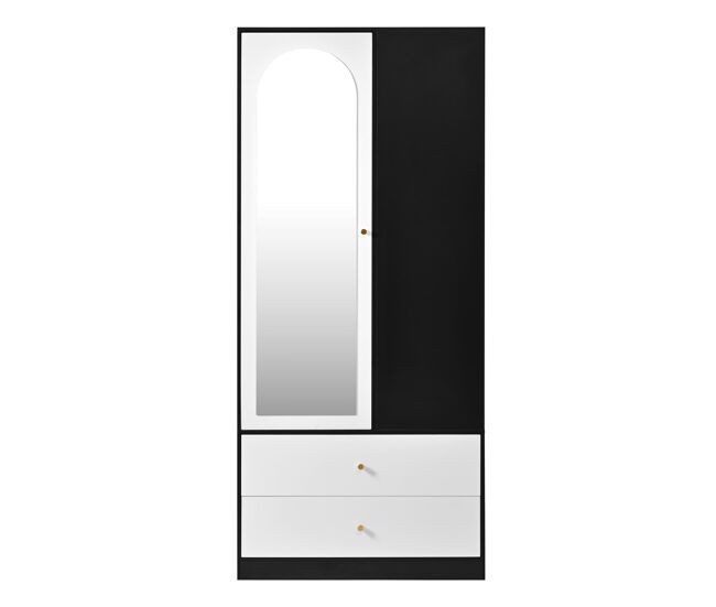 Armario con espejo 80x40x180 cm - 1 puerta, 2 cajones, 4 estantes - blanco y negro