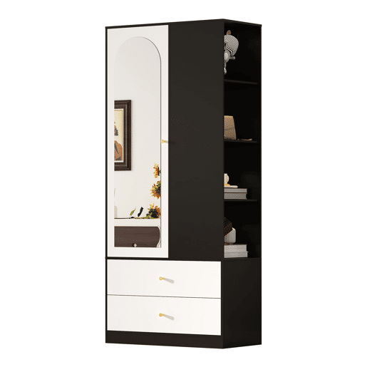 Armário com espelho 80x40x180 cm - 1 porta, 2 gavetas, 4 prateleiras - Preto e branco Armário com espelho 80x40x180 cm - 1 porta, 2 gavetas, 4 prateleiras - Preto e branco