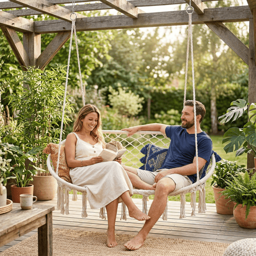 Cadeira suspensa Kailua Estilo Boho para 2 pessoas 135x129x65 cm branco creme casa.pro