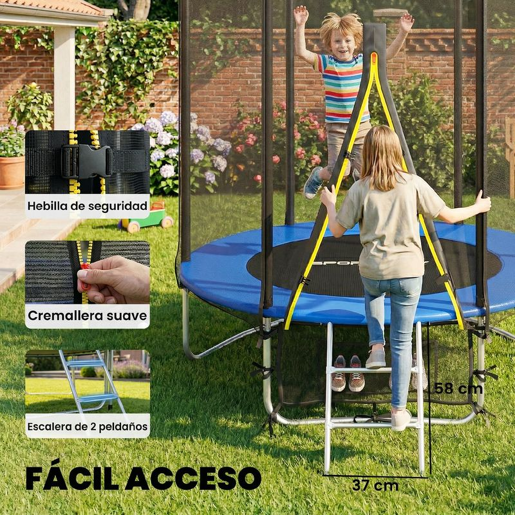 SPORTNOW Trampolim para Crianças Exterior Ø183 cm Trampolim com Rede de Segurança Escada de 2 Degraus Cobertura de Molas Saco de Armazenamento Carga Máx. 80 kg Azul