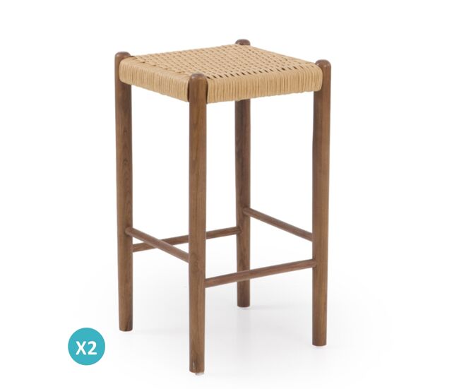 Pack 2 taburetes madera de fresno color nogal con asiento trenzado