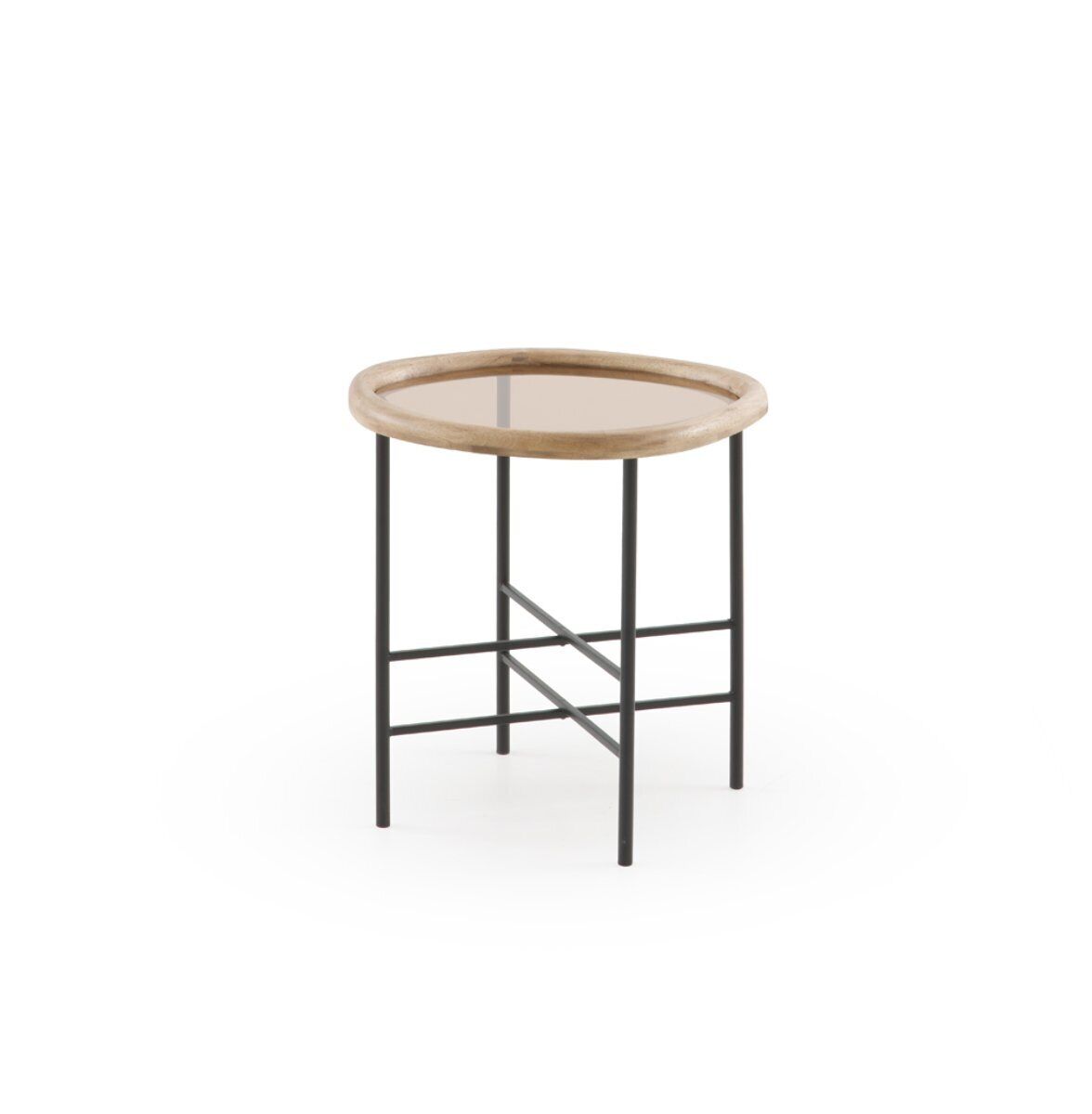 Mesa centro metal y cristal con marco de madera de hevea 45x45