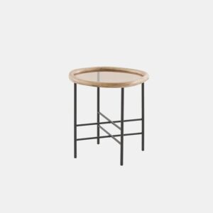 Mesa de centro em metal e vidro com moldura em madeira de seringueira