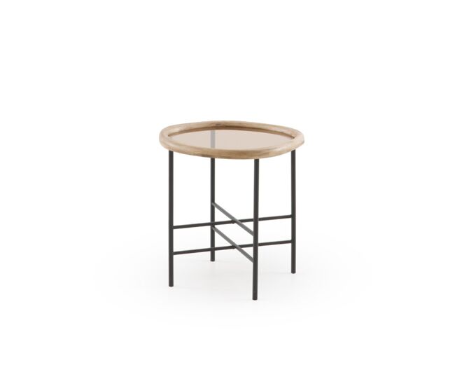 Mesa centro metal y cristal con marco de madera de hevea