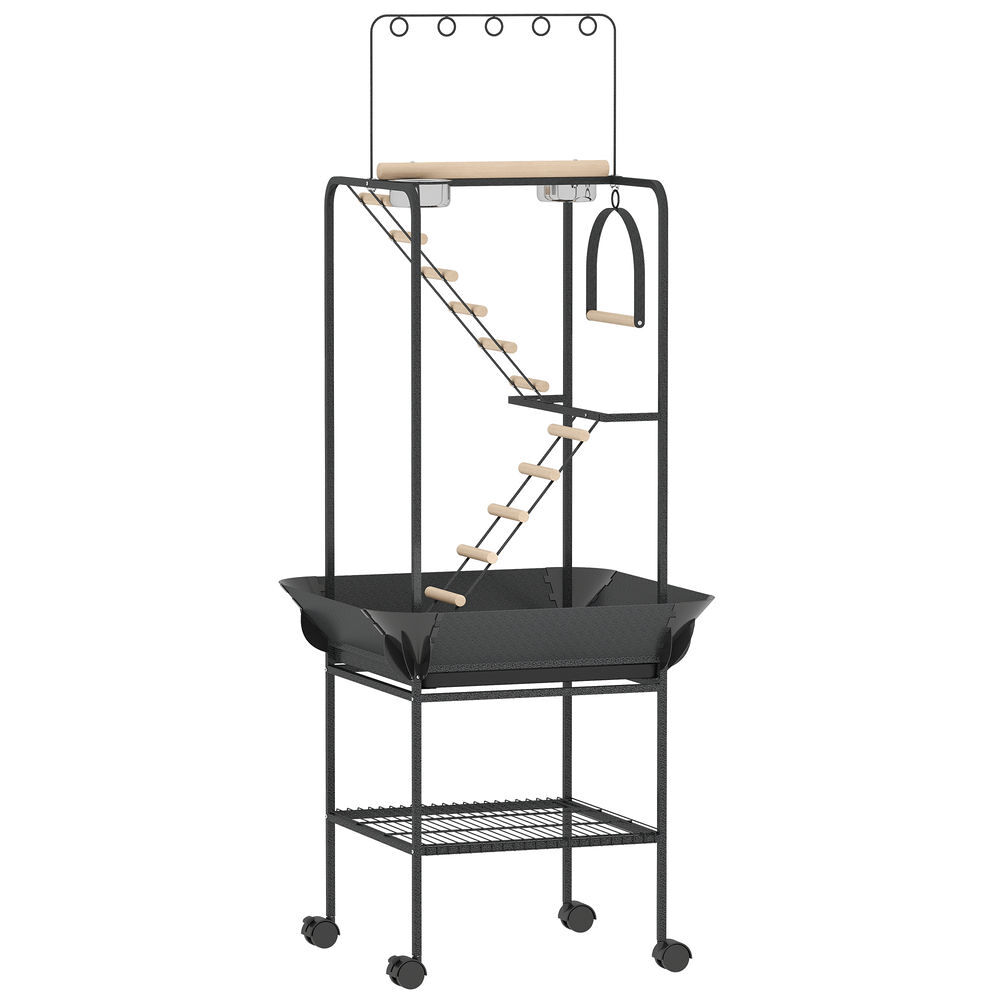 Pawhut parque de juegos para pájaros, soporte para pájaros con ruedas, escaleras, columpio, protector de semillas, bandeja, comederos, perchas, gancho, estante, para periquitos cacatúas, 63x63x163 cm