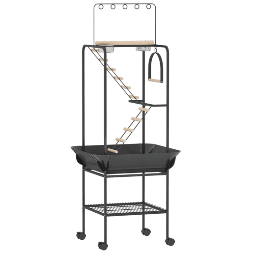 PawHut Parque de Jogos para Pássaros, Suporte para Pássaros com Rodas, Escadas, Baloiço, Protetor de Sementes, Bandeja, Comedouros, Poleiros, Gancho, Prateleira, para Periquitos e Cacatuas, 63x63x163 cm
