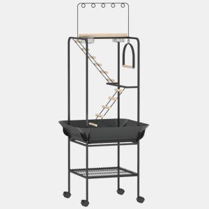 PawHut Parque de Jogos para Pássaros, Suporte para Pássaros com Rodas, Escadas, Baloiço, Protetor de Sementes, Bandeja, Comedouros, Poleiros, Gancho, Prateleira, para Periquitos e Cacatuas, 63x63x163 cm