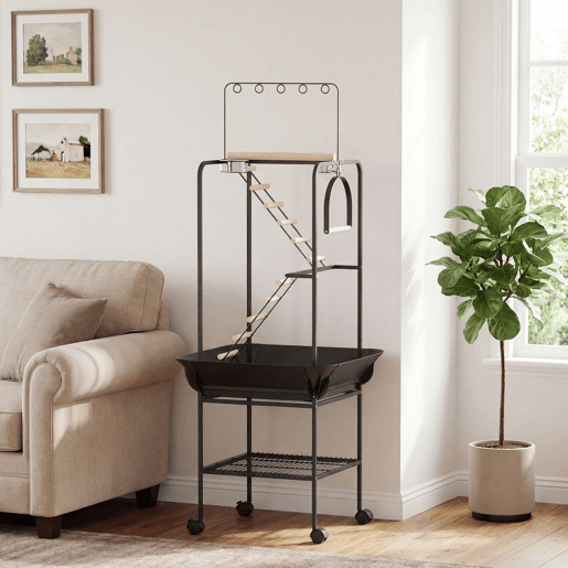PawHut Parque de Jogos para Pássaros, Suporte para Pássaros com Rodas, Escadas, Baloiço, Protetor de Sementes, Bandeja, Comedouros, Poleiros, Gancho, Prateleira, para Periquitos e Cacatuas, 63x63x163 cm