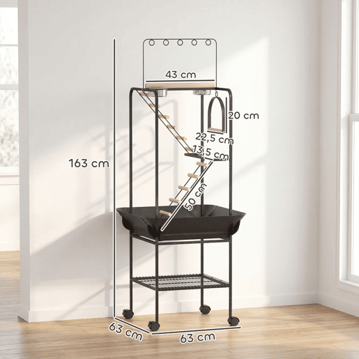 PawHut Parque de Jogos para Pássaros, Suporte para Pássaros com Rodas, Escadas, Baloiço, Protetor de Sementes, Bandeja, Comedouros, Poleiros, Gancho, Prateleira, para Periquitos e Cacatuas, 63x63x163 cm