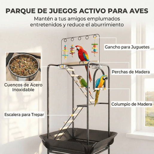 PawHut Parque de Jogos para Pássaros, Suporte para Pássaros com Rodas, Escadas, Baloiço, Protetor de Sementes, Bandeja, Comedouros, Poleiros, Gancho, Prateleira, para Periquitos e Cacatuas, 63x63x163 cm