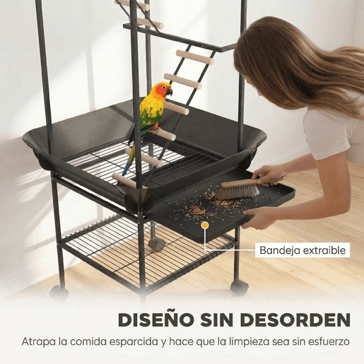 PawHut Parque de Jogos para Pássaros, Suporte para Pássaros com Rodas, Escadas, Baloiço, Protetor de Sementes, Bandeja, Comedouros, Poleiros, Gancho, Prateleira, para Periquitos e Cacatuas, 63x63x163 cm
